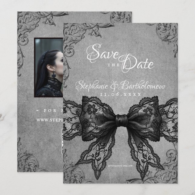 Gothic Coquette Black Lace Bow Photo Save The Date Spara Datumet (Fram/baksida)