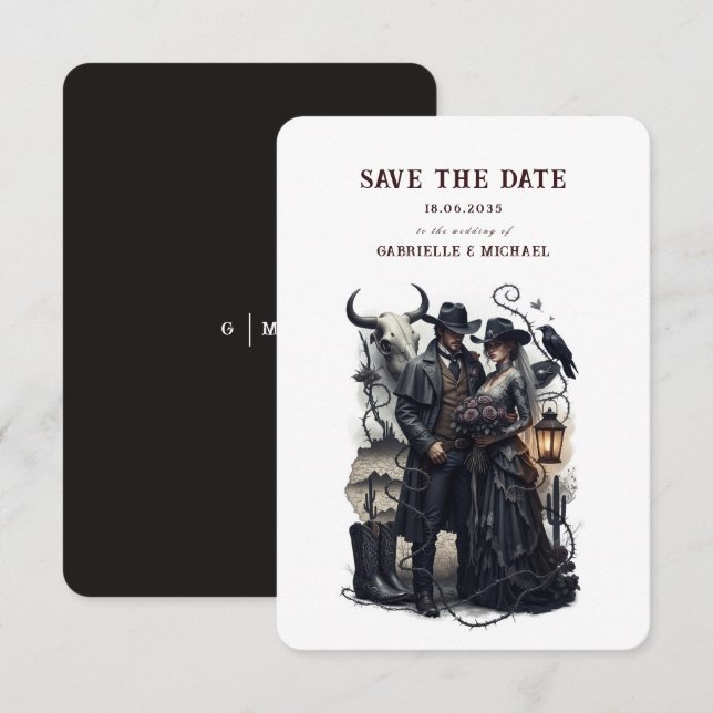 Gothic Couple Dark Western Save The Date Spara Datumet (Fram/baksida)
