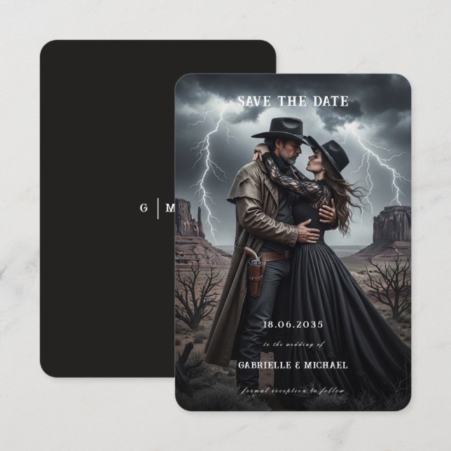 Gothic Couple Dark Western Save The Date Spara Datumet (Fram/baksida)