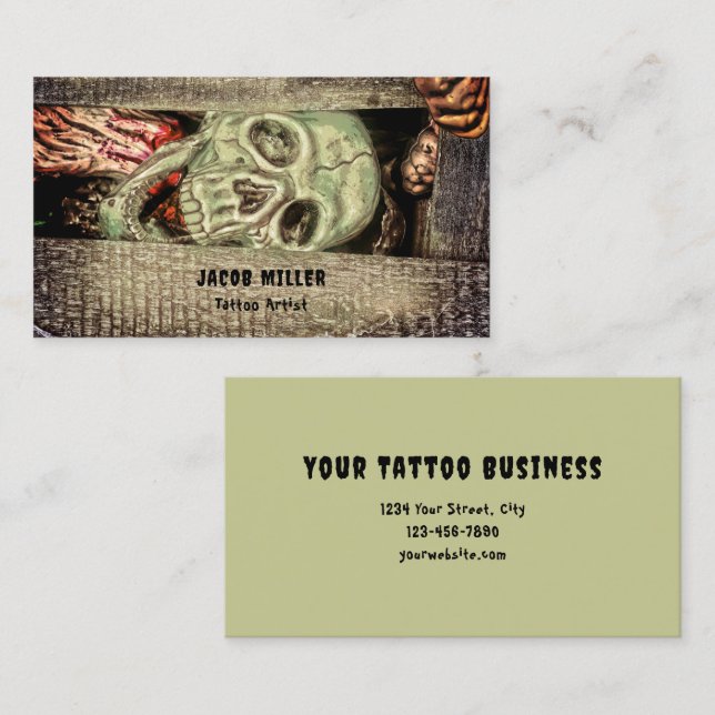Gothic Creepy Grönt Skull Head Tatto Shop Visitkort (Fram/baksida)