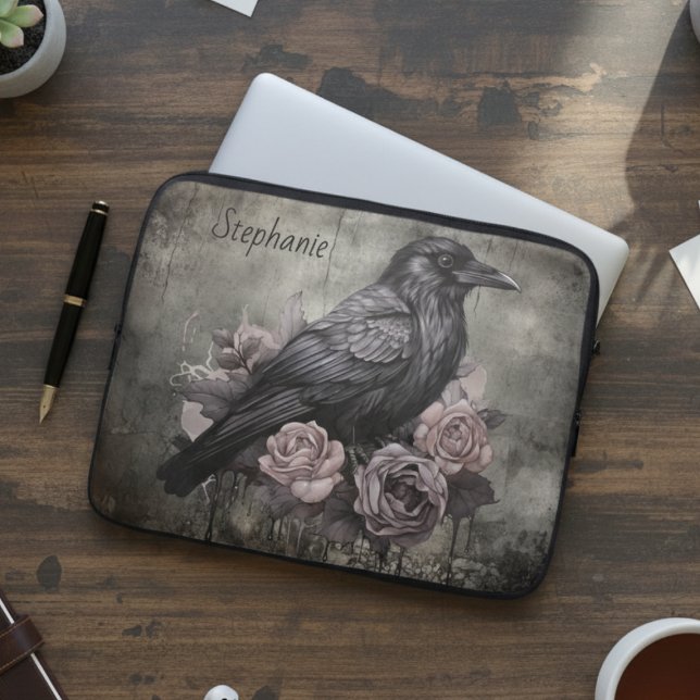 Gothic Crow Dark Academia Floral Laptop Fodral (Black raven with roses personalized laptop sleeve)