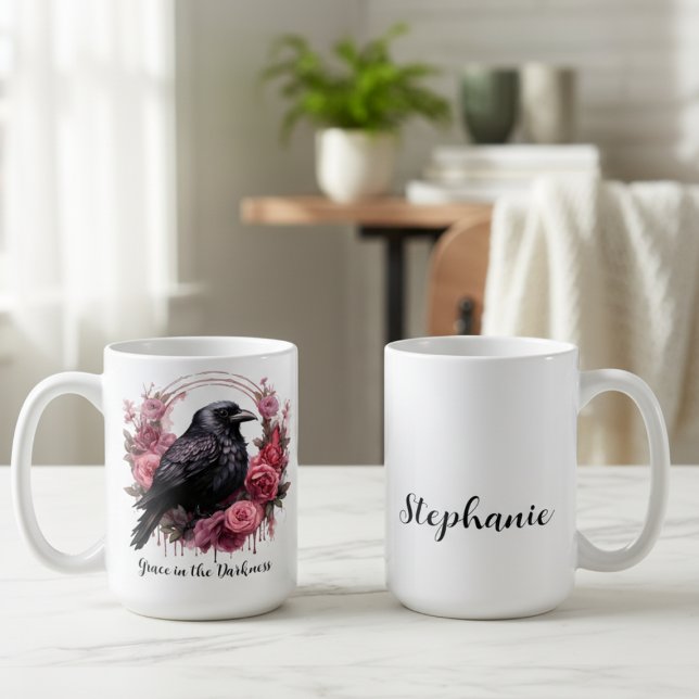 Gothic Crow Moody Dark Academia Kaffemugg (Floral black raven personalized coffee mug)