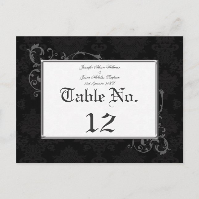 Gothic Damask Wedding Bordsnummer Black & White (Framsida)