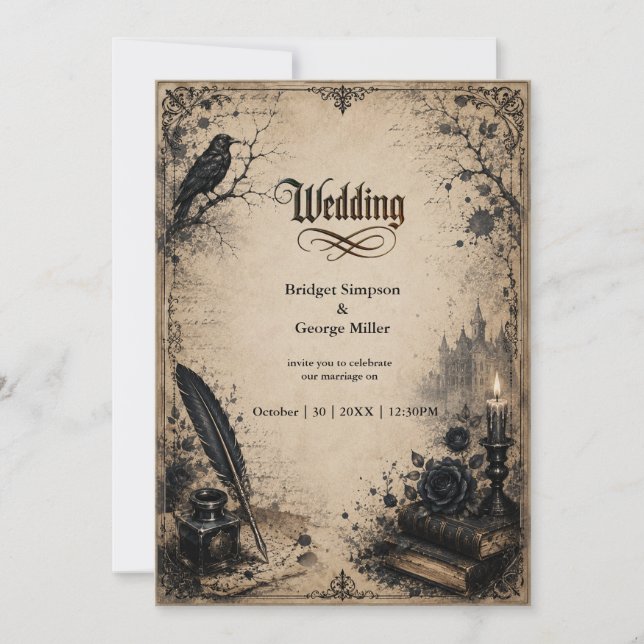 Gothic Dark Academia Korp Bok Bröllop Inbjudningar (Framsida)