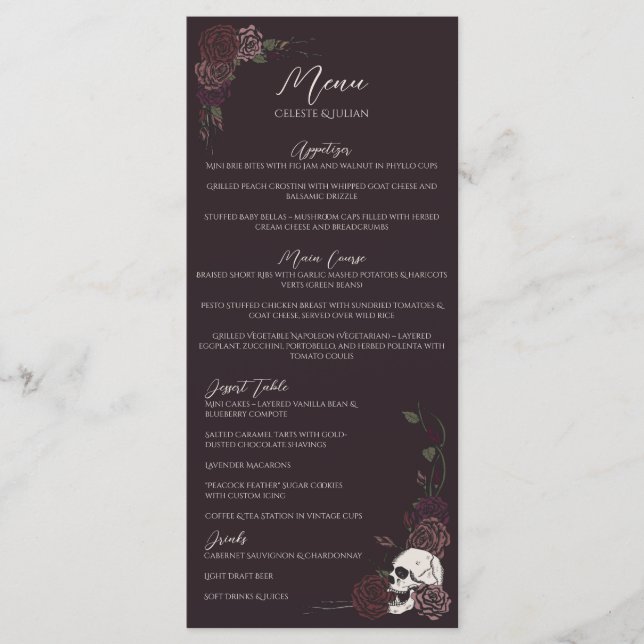 Gothic Dark Burgundy Floral Wedding Menu Meny (Framsida)