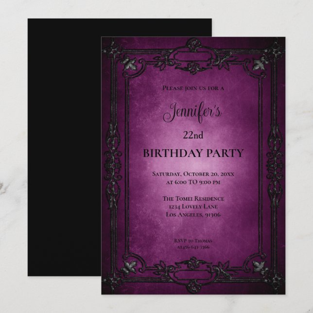 Gothic Dark Purple Birthday Invitation Inbjudningar (Fram/baksida)