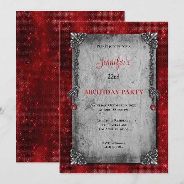 Gothic Dark Red Birthday invitation Inbjudningar (Fram/baksida)