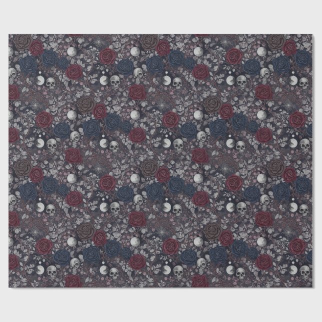 Gothic Dark Roses Skulls Full Moon Mönster Presentpapper (Platt)