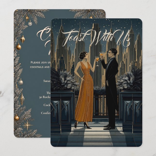 Gothic Deco | Skyline Toast Julfestligheter Inbjudningar (Fram/baksida)