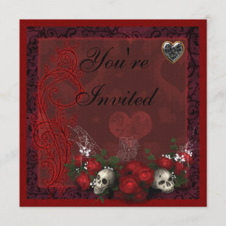 Gothic Döskallars Rosor & Hearts Black & Red Birth Inbjudningar