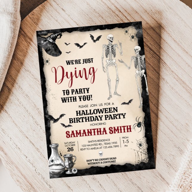 Gothic Dying till Party Halloween Födelsedagsfest Inbjudningar (Dying to Party Gothic Skull Halloween Birthday Party Invitation )
