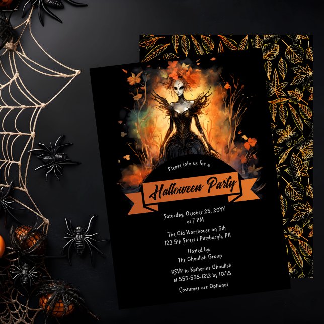 Gothic Eerie-Älvan | Löv Halloween fest Inbjudningar (Gothic Eerie Faerie and Leaves Halloween Party Invitation)