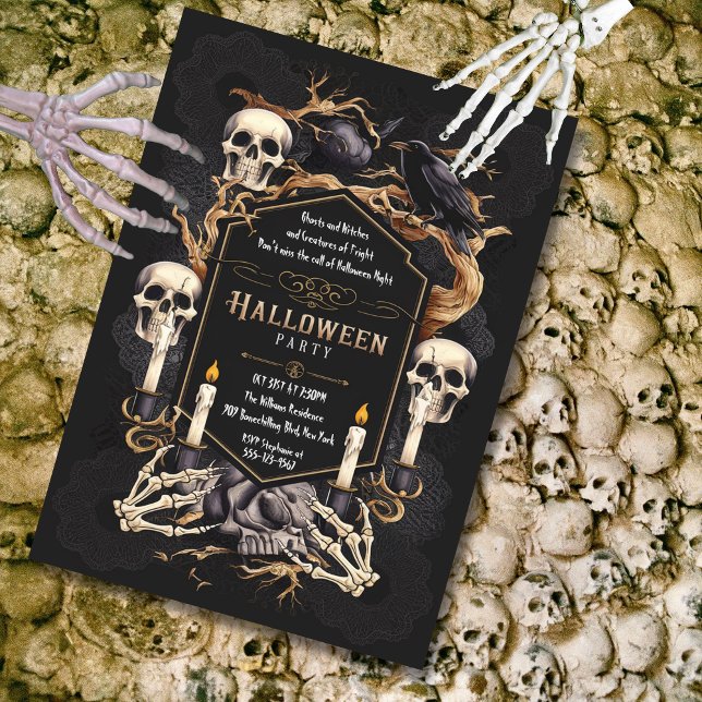 Gothic Elegance Döskallars Raven Halloween fest Inbjudningar (Gothic Halloween Party Invitation)