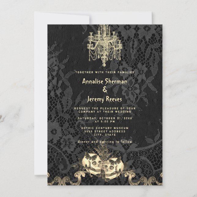 Gothic Elegance Skeleton Halloween Bröllop Inbjudningar (Framsida)