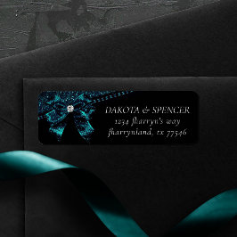 Gothic Elegance | Teal Blue Moody Bow Adress Returadress Etikett