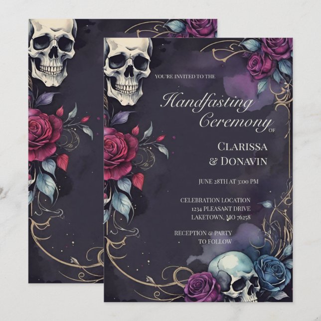 Gothic Elegant Dödskalle & Ros Handfasting Inbjudningar (Fram/baksida)