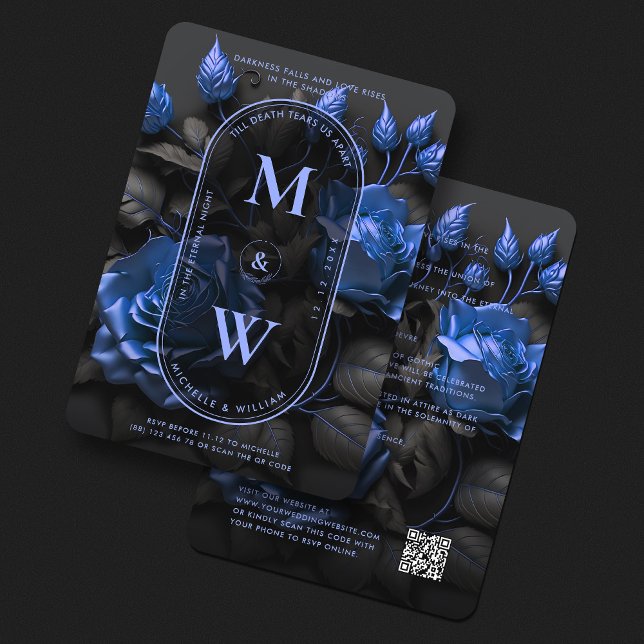 Gothic Elegant Navy-Blue Blommigt Bröllop Boho Inbjudningar (Gothic Elegant Navy-Blue Floral Wedding Boho Invitation
)
