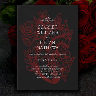 Gothic Elegant Red Black Blommigt Heart Handfastan Inbjudningar