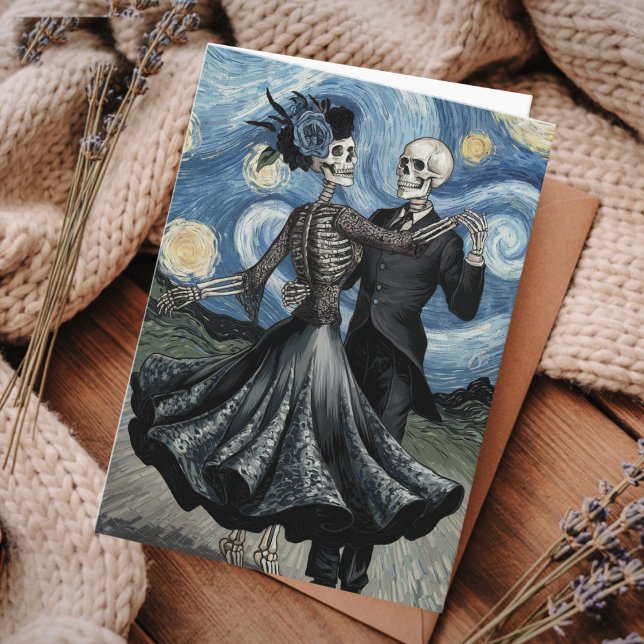 Gothic Elegant Skeletons Dance Moonlight Van Gogh Kort (Skapare uppladdad)