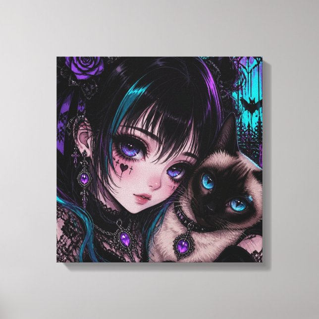 Gothic Emo | Animeflicka & Katt Canvastryck (Framsida)