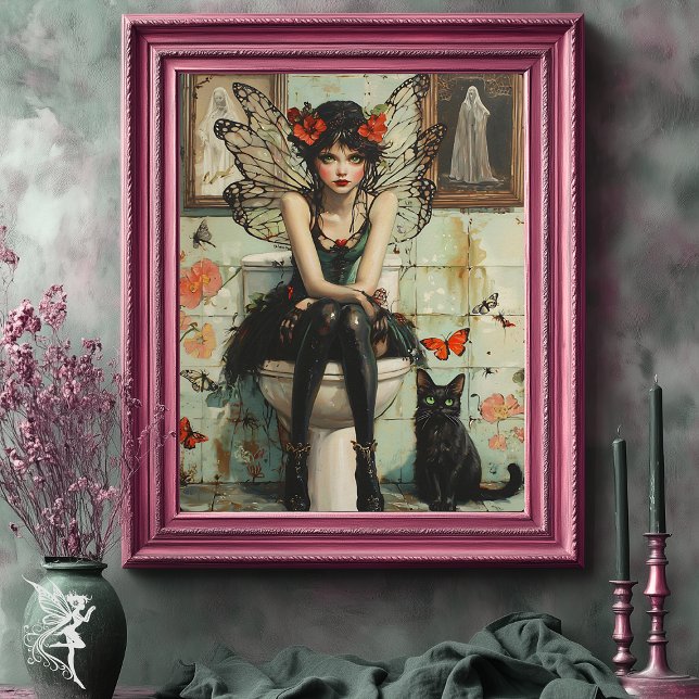Gothic Fairy & Black Cat Quirky Halloween Art Poster (Skapare uppladdad)