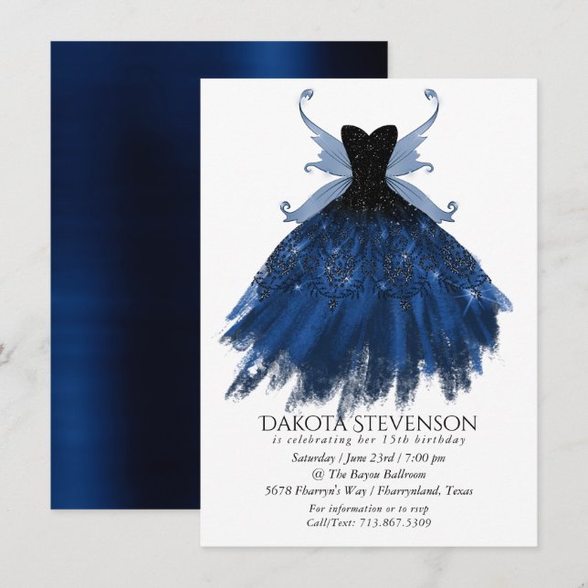 Gothic Fairy Navy Gown | Deep Cobalt Blue Sheen Inbjudningar (Fram/baksida)