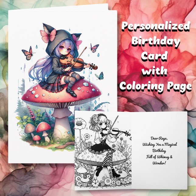 Gothic Fairy spelar Viola på en svamp Birthday Kort (Skapare uppladdad)