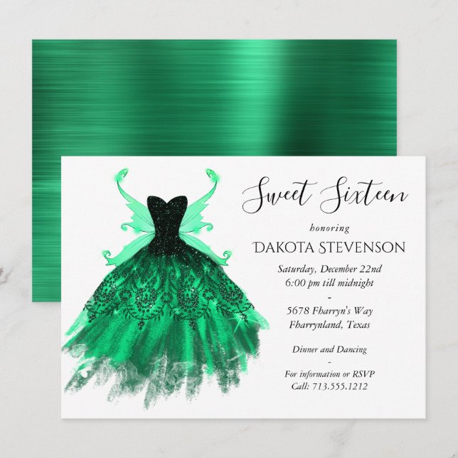 Gothic Fairy Teal Gown | Deep Midnight Grönt Sheen Inbjudningar (Fram/baksida)