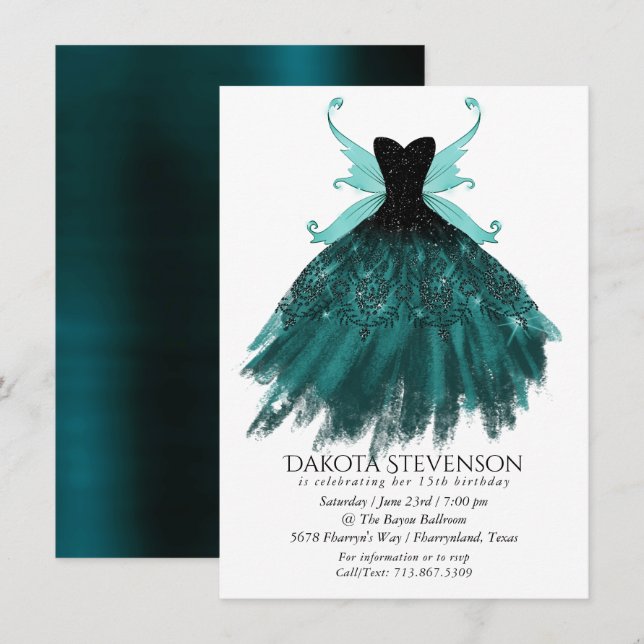 Gothic Fairy Teal Gown | Deep Midnight Grönt Sheen Inbjudningar (Fram/baksida)