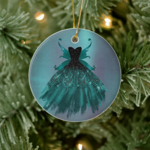Gothic Fairy Teal Gown   Deep Midnight Grönt Sheen Julgransprydnad Keramik