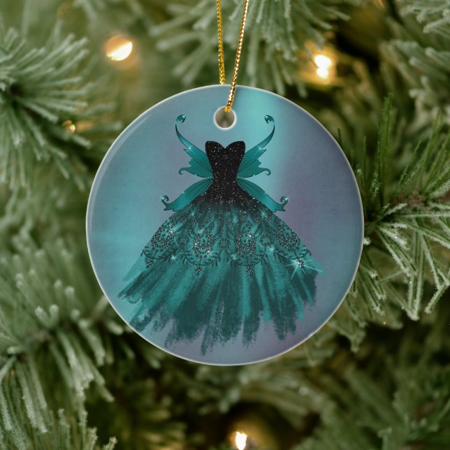 Gothic Fairy Teal Gown | Deep Midnight Grönt Sheen Julgransprydnad Keramik (Träd)