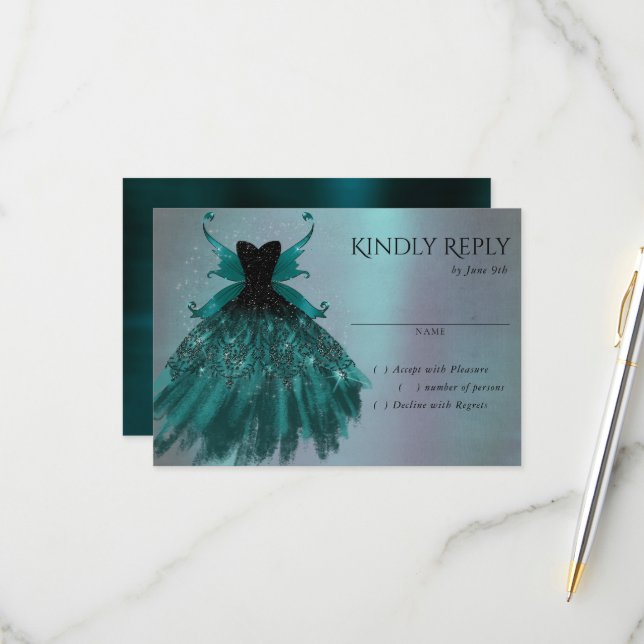 Gothic Fairy Teal Gown | Deep Midnight Grönt Sheen OSA Kort (Fram/Back In Situ)