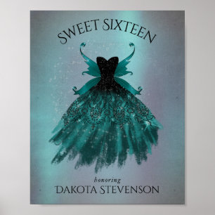 Gothic Fairy Teal Gown   Deep Midnight Grönt Sheen Poster