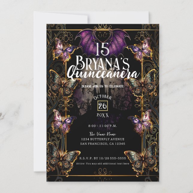 Gothic Fairytale Guld Butterfly & Fladdermus Quinc Inbjudningar (Framsida)