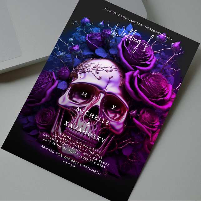 Gothic Fall Wedding Halloween Lila Blue Skull Inbjudningar (Gothic Fall Wedding Halloween Purple Blue Skull Invitation
)