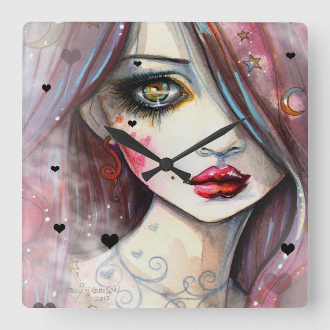 Gothic Fantasy Art Girl with Hearts Fyrkantig Klocka (Framsida)