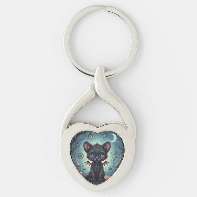 Gothic Fantasy Baby KitBat Twisted Heart Silverfärgad Nyckelring (Framsidan)