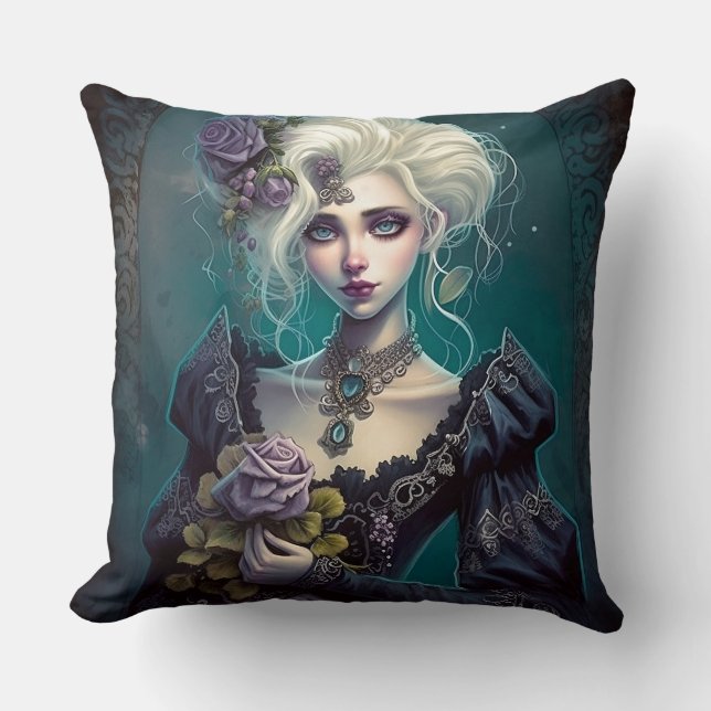 Gothic Fantasy Girl med Lavender Flowers Pillow Kudde (Framsida)