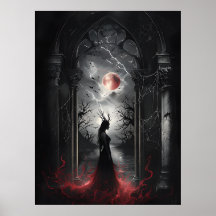 Gothic Fantasy Scene - Red Måne Silhouette Art