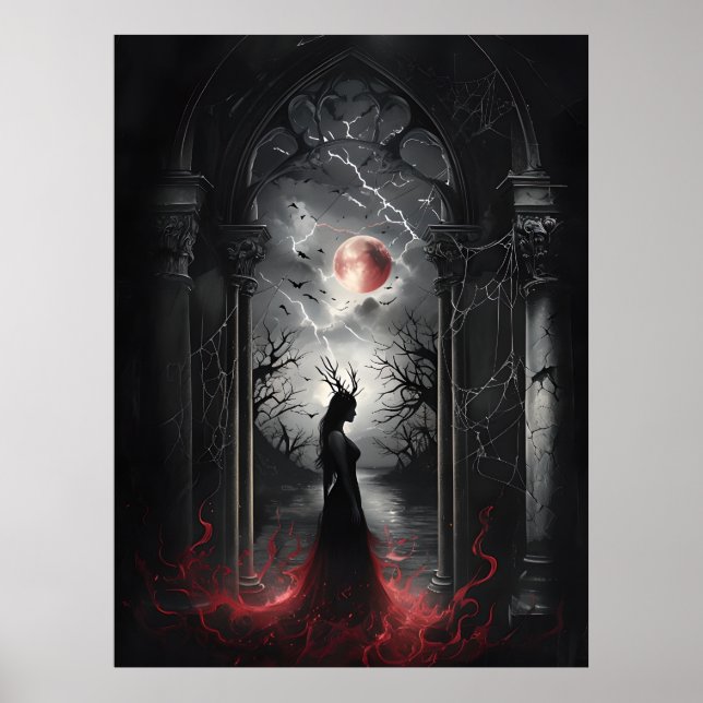 Gothic Fantasy Scene - Red Måne Silhouette Art Poster (Framsidan)