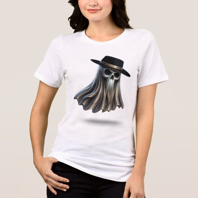 Gothic Fedora Ghost T-shirt – Haunted Skull Spirit (Framsida)