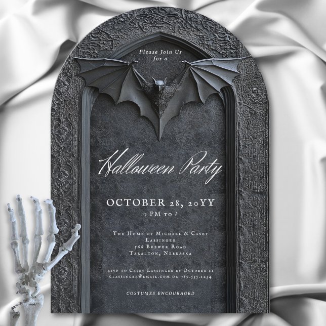 Gothic Fladdermus Arched Gravsten Halloween fest Inbjudningar (Gothic Bat Arched Tombstone Halloween Party Invitation)