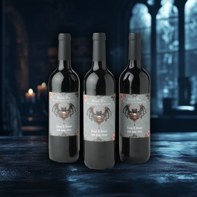 Gothic Fladdermus Bröllop Vinflaska Etikett (Skapare uppladdad)