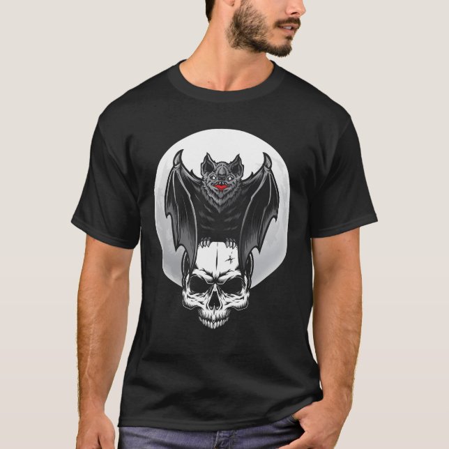 Gothic Fladdermus Måne Wicca Skull T Shirt (Framsida)