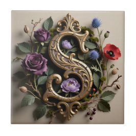 Gothic Floral Antique Gold Letter S Kakelplatta