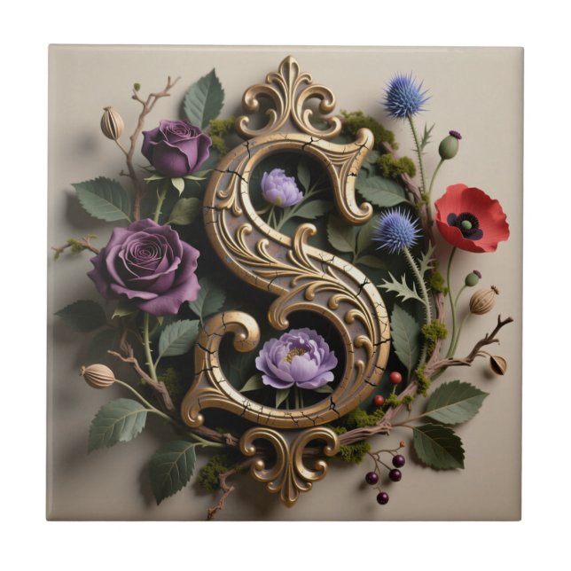 Gothic Floral Antique Gold Letter S Kakelplatta (Framsidan)