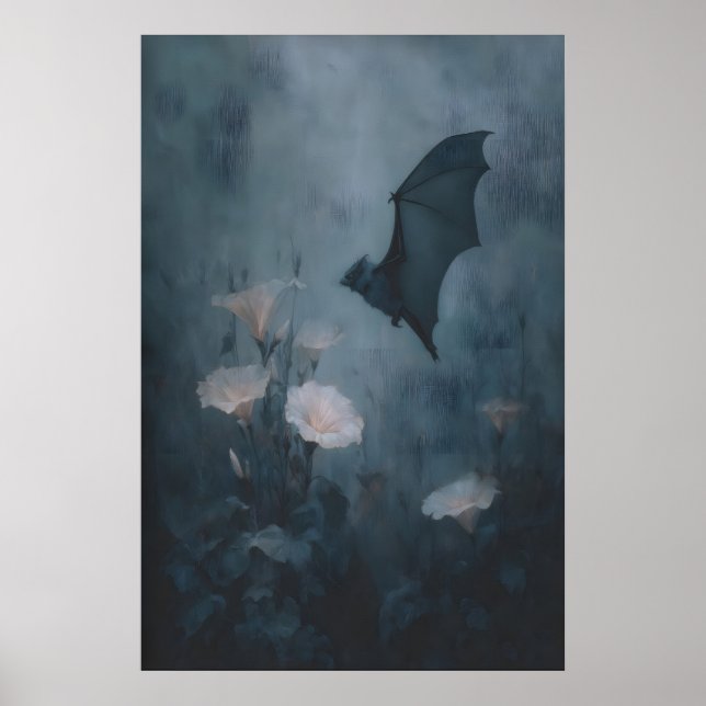 Gothic Floral Bat Wall Art With Pale Pink Flowers Poster (Framsidan)