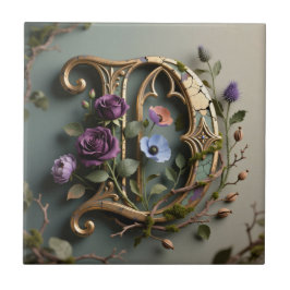 Gothic Floral Patina Gold Letter D Kakelplatta