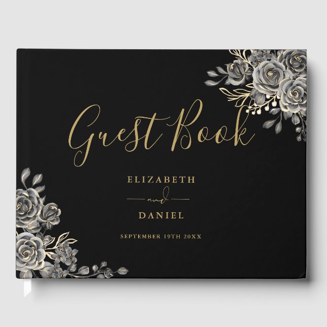 Gothic Floral Roses Black And Gold Photo Wedding Gästböcker (Framsida)
