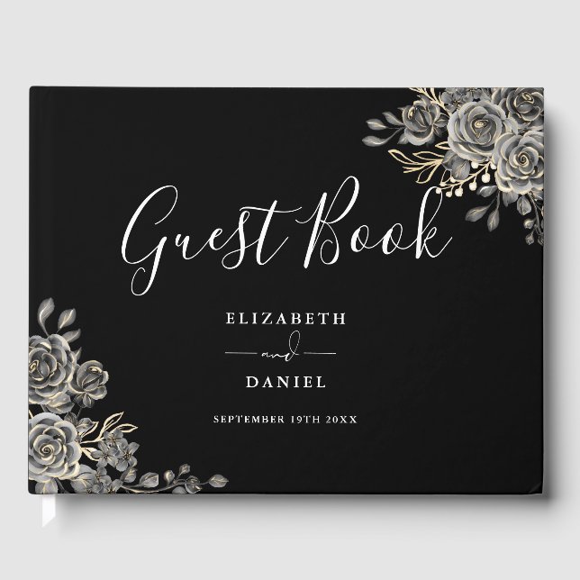 Gothic Floral Roses Black And White Photo Wedding Gästböcker (Framsida)
